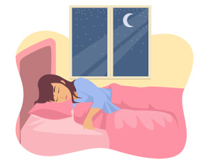Simple flat vector illustration of a woman sleeping in her bed